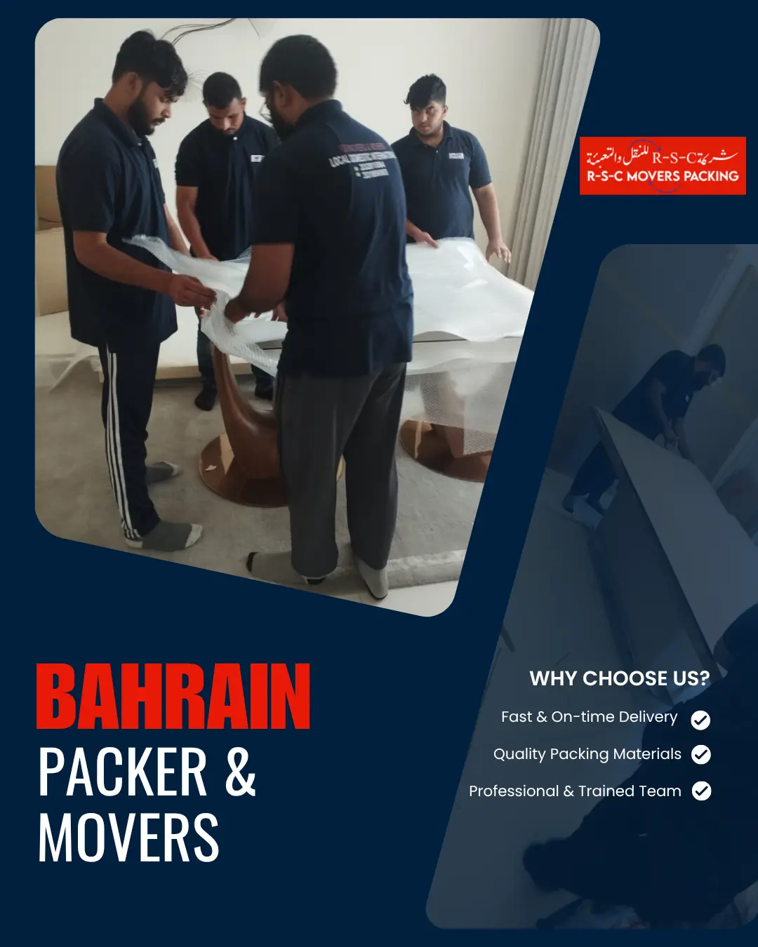 Four uniform-wearing movers carefully wrapping a dining table with protective bubble wrap in Bahrain